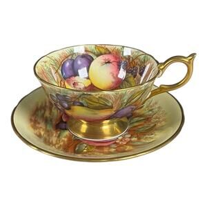 Vintage AYNSELY Orchard Gold TEACUP & Saucer Set Bone China Hand Painted D.Jones